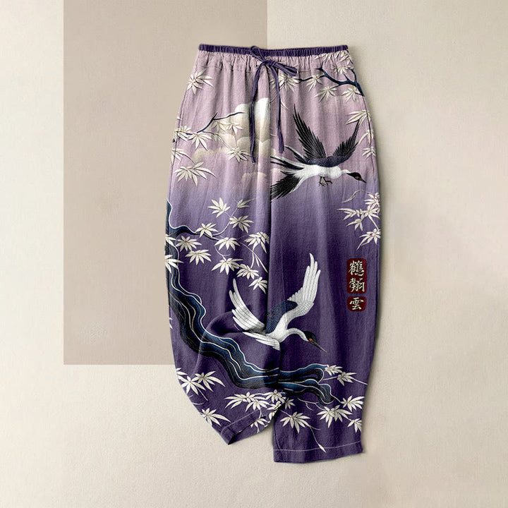 Buddha Stones Elegante Damenhose aus reiner Baumwolle mit Kranich- und Bambusmuster, elastischem Bund und Taschen - Mittelviolett - US16, UK/AU20, EU48 (3XL) - image 2