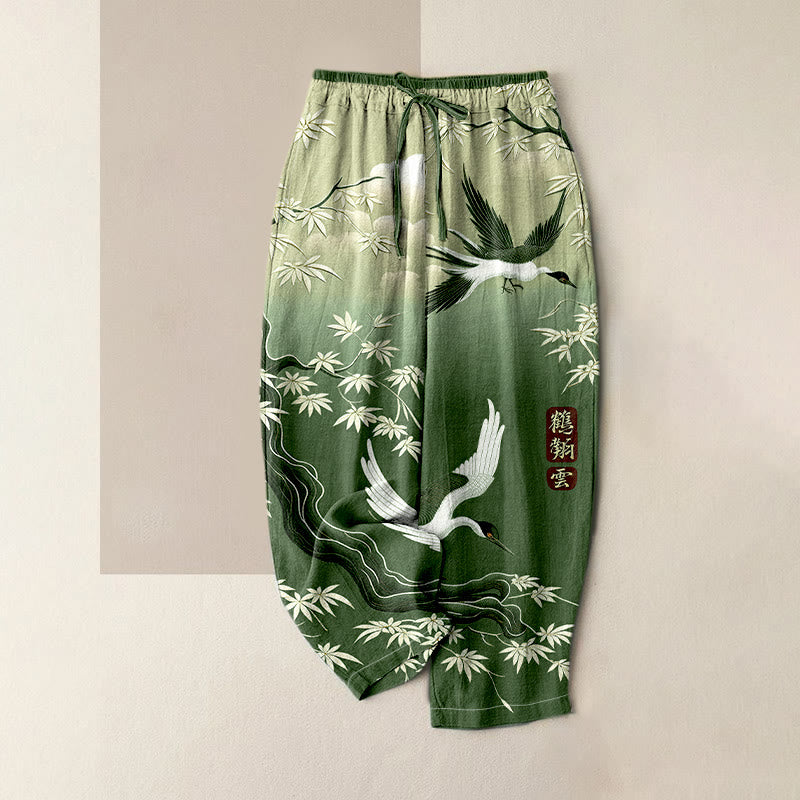 Buddha Stones Elegante Damenhose aus reiner Baumwolle mit Kranich- und Bambusmuster, elastischem Bund und Taschen - Grün - US16, UK/AU20, EU48 (3XL) - image 3