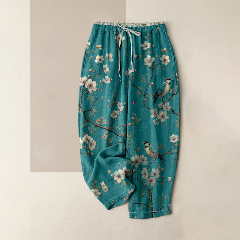 Buddha Stones Elegante Damenhose aus reiner Baumwolle mit Kirschblüten- und Vogelmuster, elastischem Bund und Taschen - Mitteltürkis - US16, UK/AU20, EU48 (3XL) - image 0
