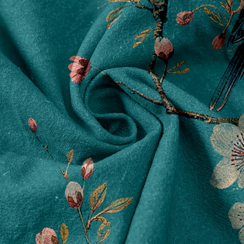 Buddha Stones Elegante Damenhose aus reiner Baumwolle mit Kirschblüten- und Vogelmuster, elastischem Bund und Taschen - image 2