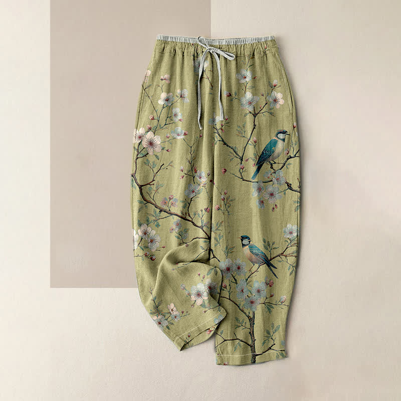 Buddha Stones Elegante Damenhose aus reiner Baumwolle mit Kirschblüten- und Vogelmuster, elastischem Bund und Taschen - GrünGelb - US16, UK/AU20, EU48 (3XL) - image 3