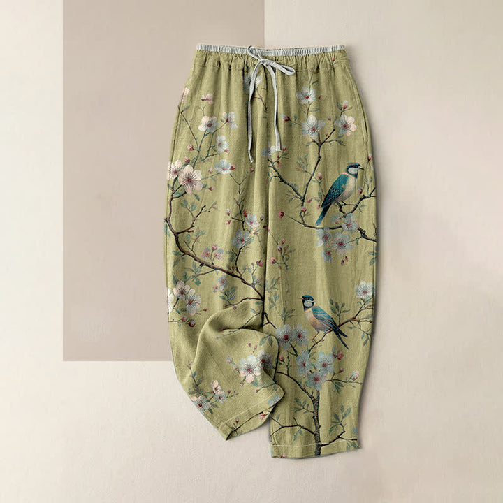 Buddha Stones Elegante Damenhose aus reiner Baumwolle mit Kirschblüten- und Vogelmuster, elastischem Bund und Taschen - GrünGelb - US16, UK/AU20, EU48 (3XL) - image 3
