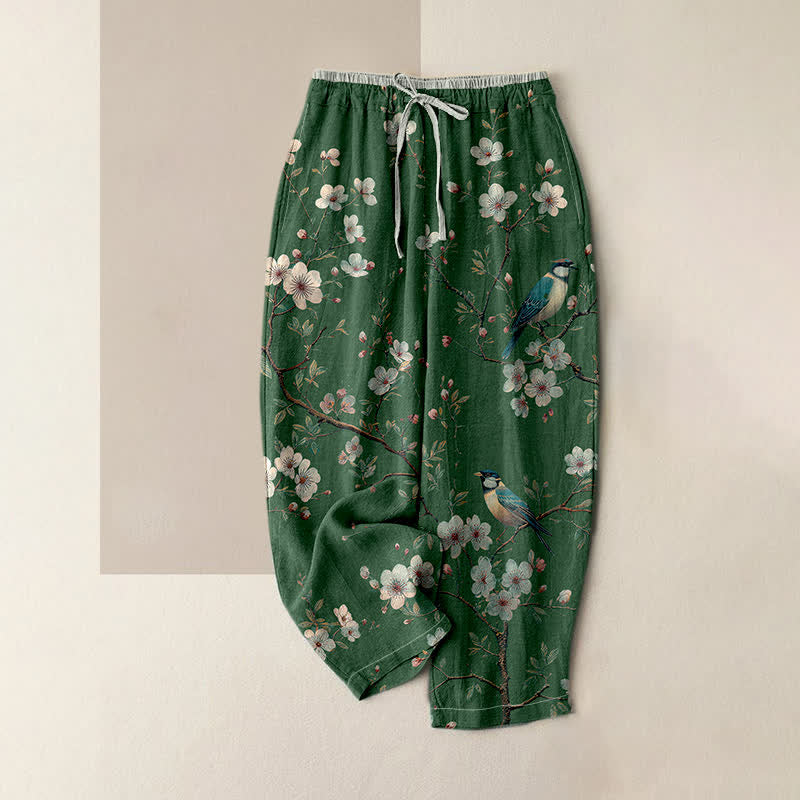 Buddha Stones Elegante Damenhose aus reiner Baumwolle mit Kirschblüten- und Vogelmuster, elastischem Bund und Taschen - Waldgrün - US16, UK/AU20, EU48 (3XL) - image 4