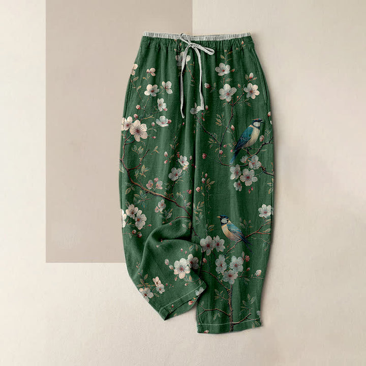 Buddha Stones Elegante Damenhose aus reiner Baumwolle mit Kirschblüten- und Vogelmuster, elastischem Bund und Taschen - Waldgrün - US16, UK/AU20, EU48 (3XL) - image 4