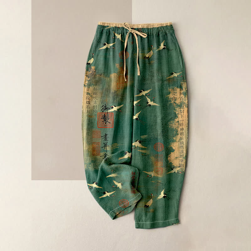 Buddha Stones Damenhose aus reiner Baumwolle mit Vintage-Kranich-Kalligrafiemuster, elastischem Bund und Taschen - SeaGreen - US16, UK/AU20, EU48 (3XL) - image 0