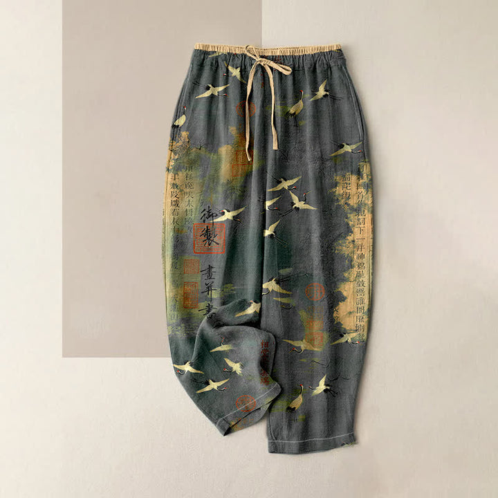 Buddha Stones Damenhose aus reiner Baumwolle mit Vintage-Kranich-Kalligrafiemuster, elastischem Bund und Taschen - Schiefergrau - US16, UK/AU20, EU48 (3XL) - image 3