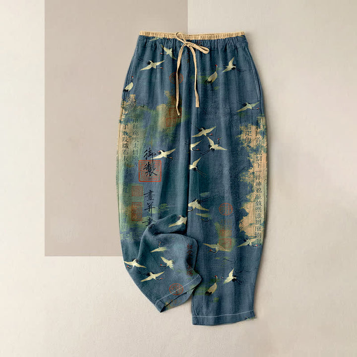 Buddha Stones Damenhose aus reiner Baumwolle mit Vintage-Kranich-Kalligrafiemuster, elastischem Bund und Taschen - SteelBlue - US16, UK/AU20, EU48 (3XL) - image 4