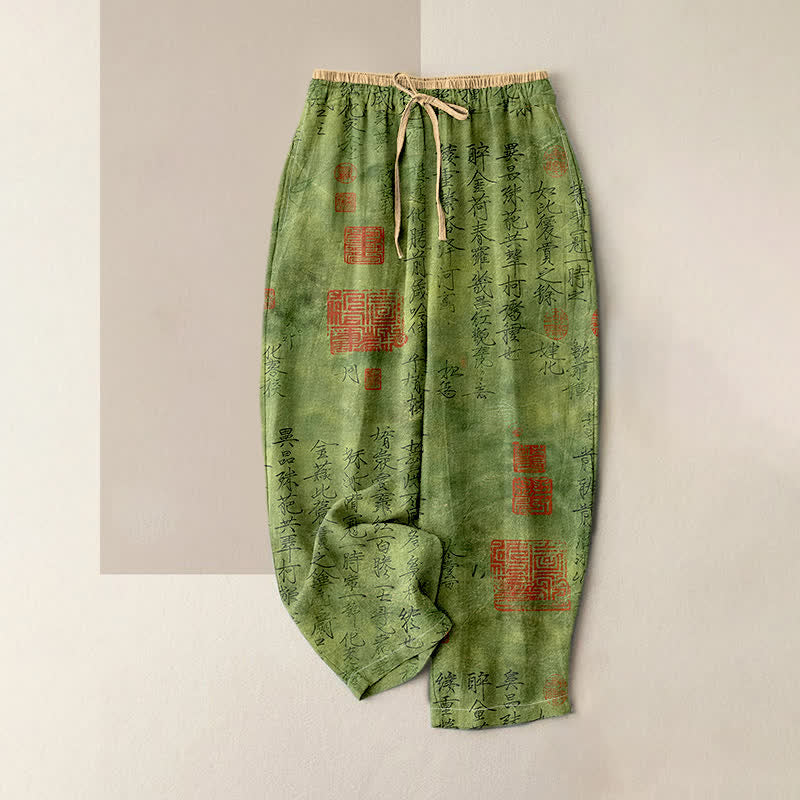 Buddha Stones Damenhose aus reiner Baumwolle mit Vintage-Kalligrafie-Siegelmuster, elastischem Bund und Taschen - Limettengrün - US16, UK/AU20, EU48 (3XL) - image 0