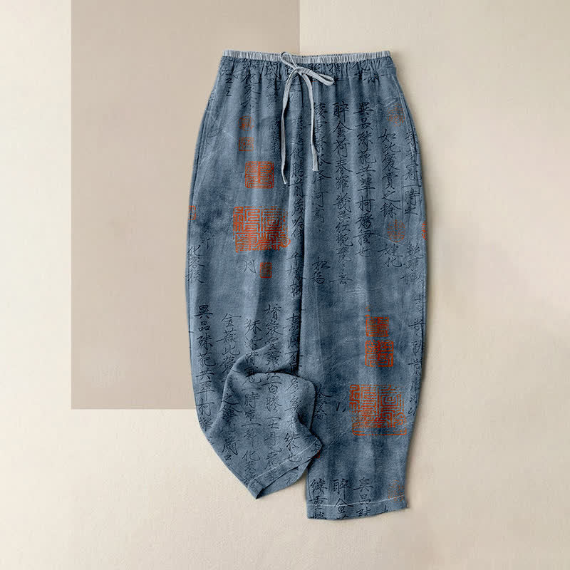Buddha Stones Damenhose aus reiner Baumwolle mit Vintage-Kalligrafie-Siegelmuster, elastischem Bund und Taschen - SteelBlue - US16, UK/AU20, EU48 (3XL) - image 3