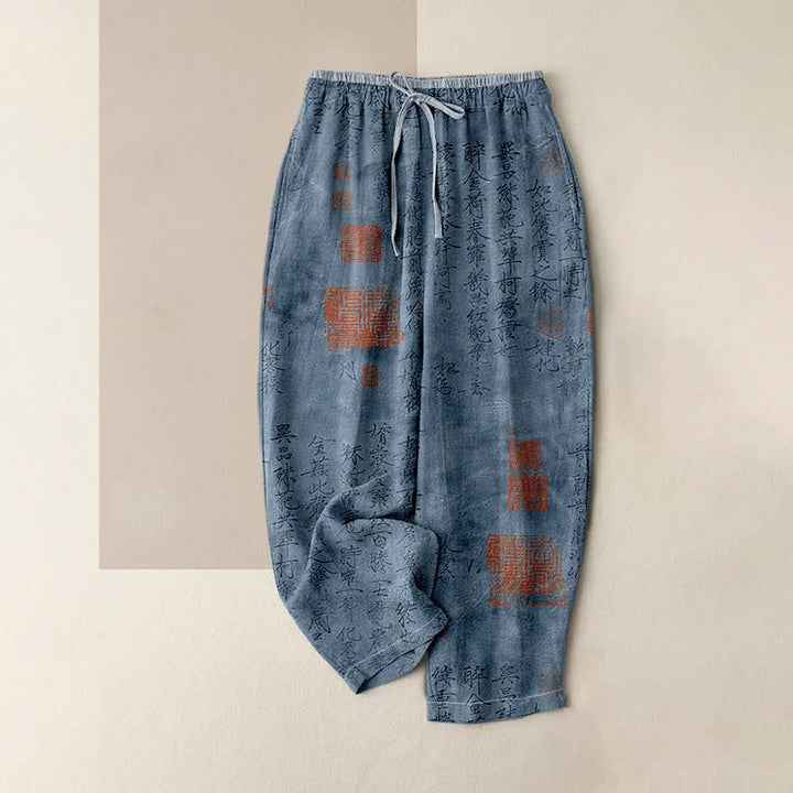Buddha Stones Damenhose aus reiner Baumwolle mit Vintage-Kalligrafie-Siegelmuster, elastischem Bund und Taschen - SteelBlue - US16, UK/AU20, EU48 (3XL) - image 3