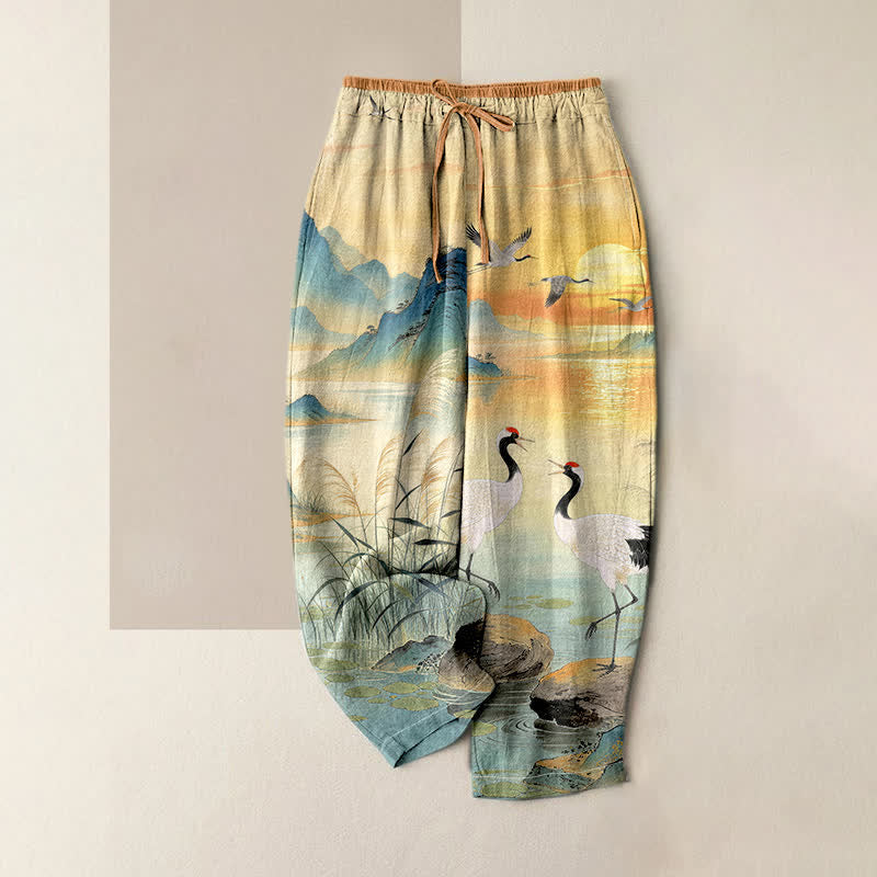 Buddha Stones Elegante Damenhose aus reiner Baumwolle mit Kranich-Landschaftsmuster, elastischem Bund und Taschen - Dunkeltürkis - US16, UK/AU20, EU48 (3XL) - image 0