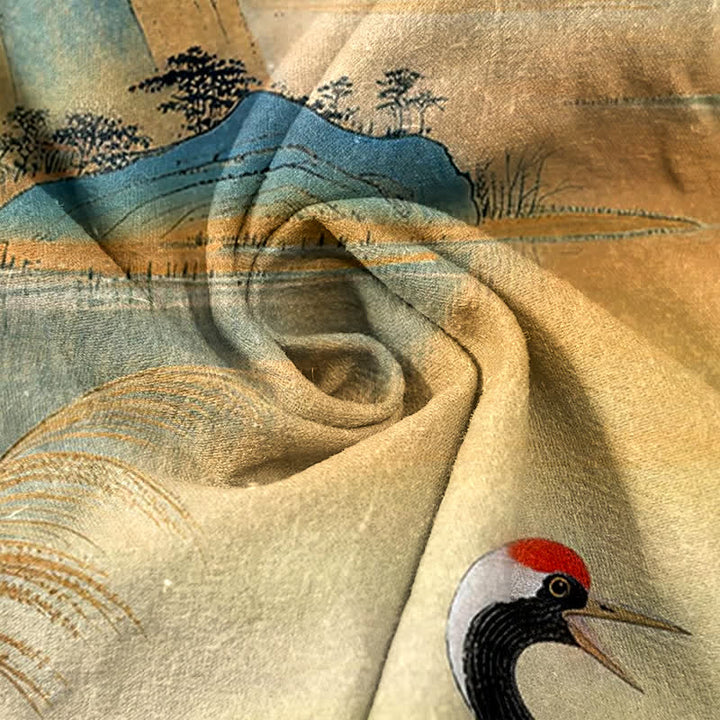 Buddha Stones Elegante Damenhose aus reiner Baumwolle mit Kranich-Landschaftsmuster, elastischem Bund und Taschen - image 2