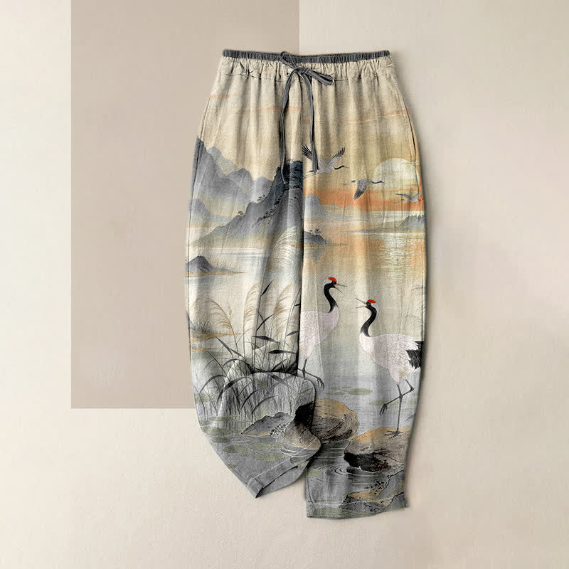 Buddha Stones Elegante Damenhose aus reiner Baumwolle mit Kranich-Landschaftsmuster, elastischem Bund und Taschen - Dunkelgrau - US16, UK/AU20, EU48 (3XL) - image 3