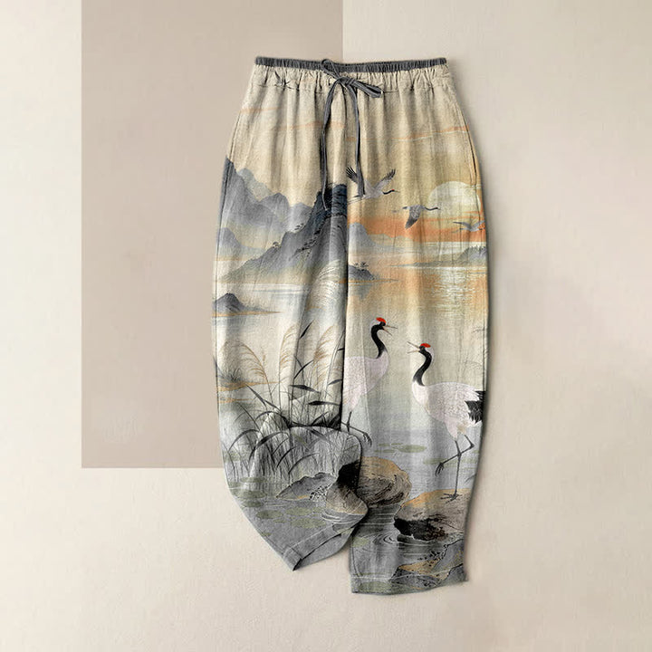 Buddha Stones Elegante Damenhose aus reiner Baumwolle mit Kranich-Landschaftsmuster, elastischem Bund und Taschen - Dunkelgrau - US16, UK/AU20, EU48 (3XL) - image 3