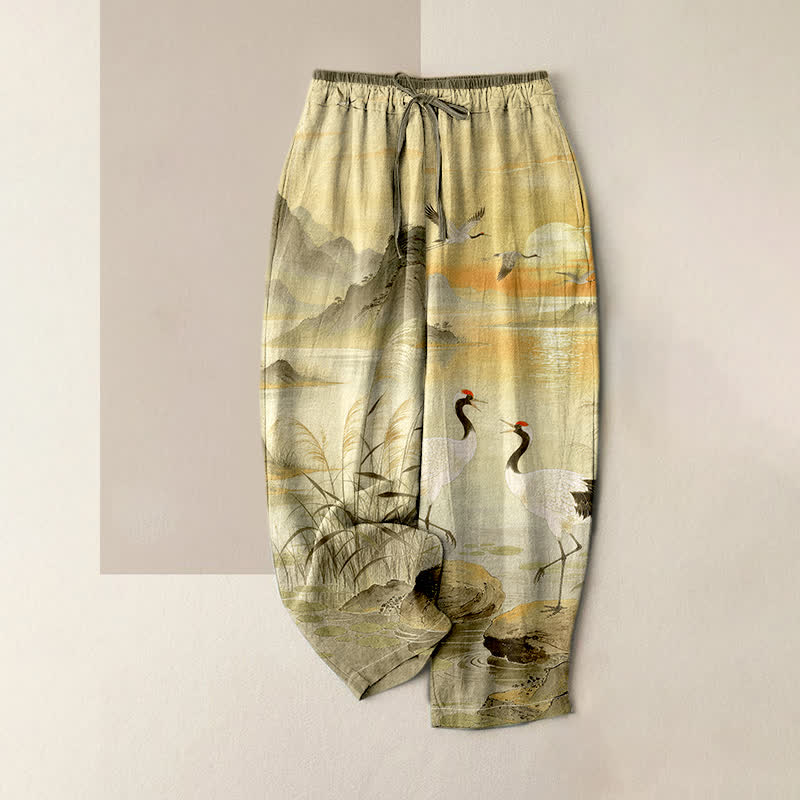 Buddha Stones Elegante Damenhose aus reiner Baumwolle mit Kranich-Landschaftsmuster, elastischem Bund und Taschen - Dunkelkhaki - US16, UK/AU20, EU48 (3XL) - image 4