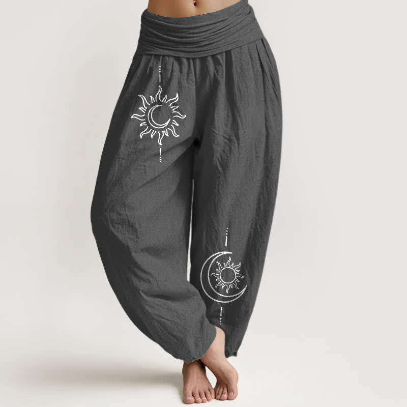 Buddha Stones Damen-Haremshose aus reiner Baumwolle mit Mond- und Sonnenmuster und elastischem Bund - DimGray - US16, UK/AU20, EU48 (3XL) - image 0