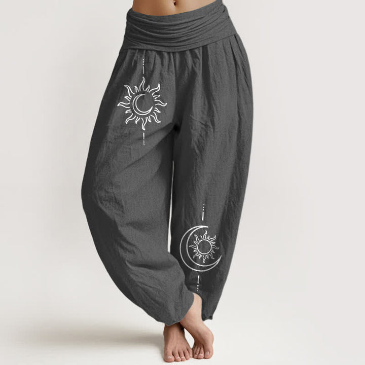 Buddha Stones Damen-Haremshose aus reiner Baumwolle mit Mond- und Sonnenmuster und elastischem Bund - DimGray - US16, UK/AU20, EU48 (3XL) - image 0