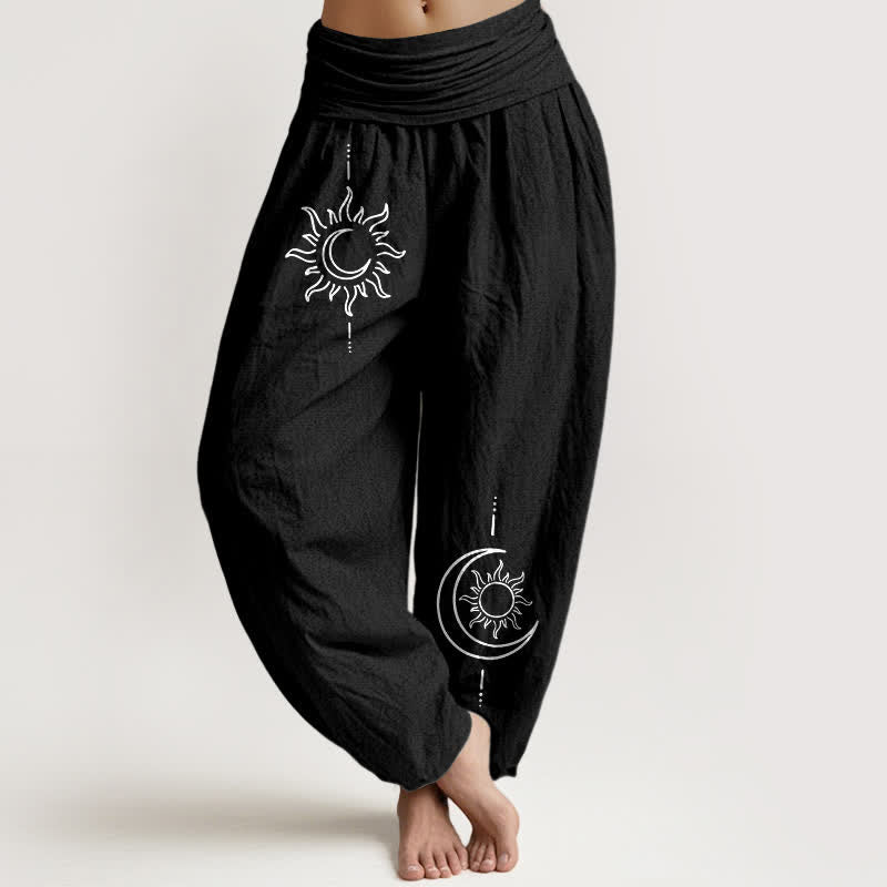 Buddha Stones Damen-Haremshose aus reiner Baumwolle mit Mond- und Sonnenmuster und elastischem Bund - Schwarz - US16, UK/AU20, EU48 (3XL) - image 5