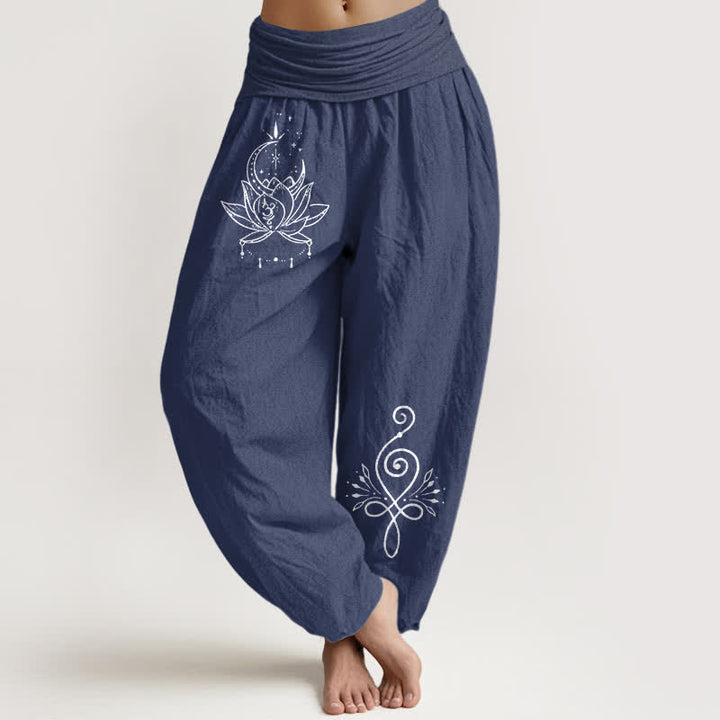 Buddha Stones Damen-Haremshose aus reiner Baumwolle mit Lotus- und Mondmuster und elastischem Bund - Dunkelschieferblau - US16, UK/AU20, EU48 (3XL) - image 0