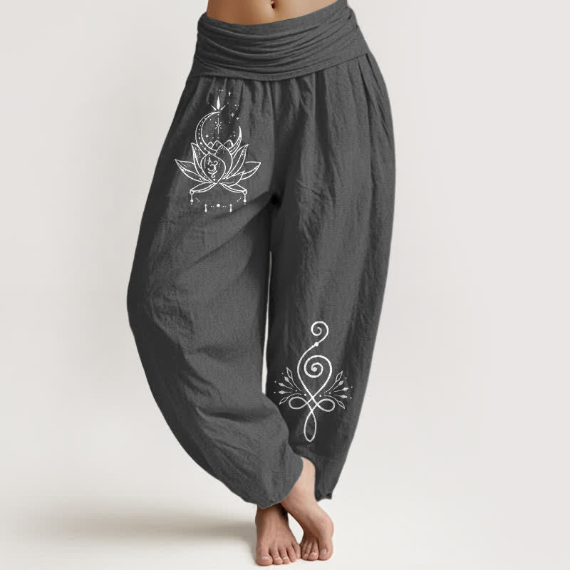 Buddha Stones Damen-Haremshose aus reiner Baumwolle mit Lotus- und Mondmuster und elastischem Bund - DimGray - US16, UK/AU20, EU48 (3XL) - image 8