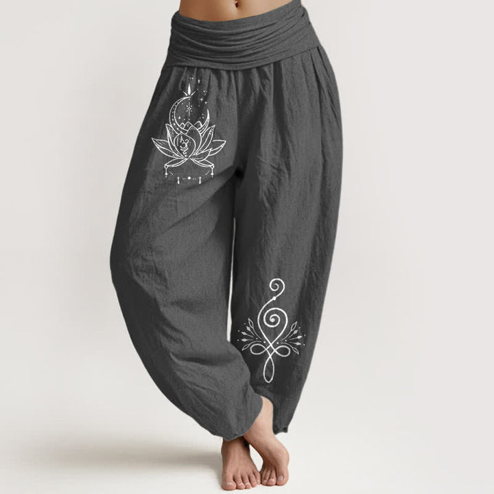Buddha Stones Damen-Haremshose aus reiner Baumwolle mit Lotus- und Mondmuster und elastischem Bund - DimGray - US16, UK/AU20, EU48 (3XL) - image 8