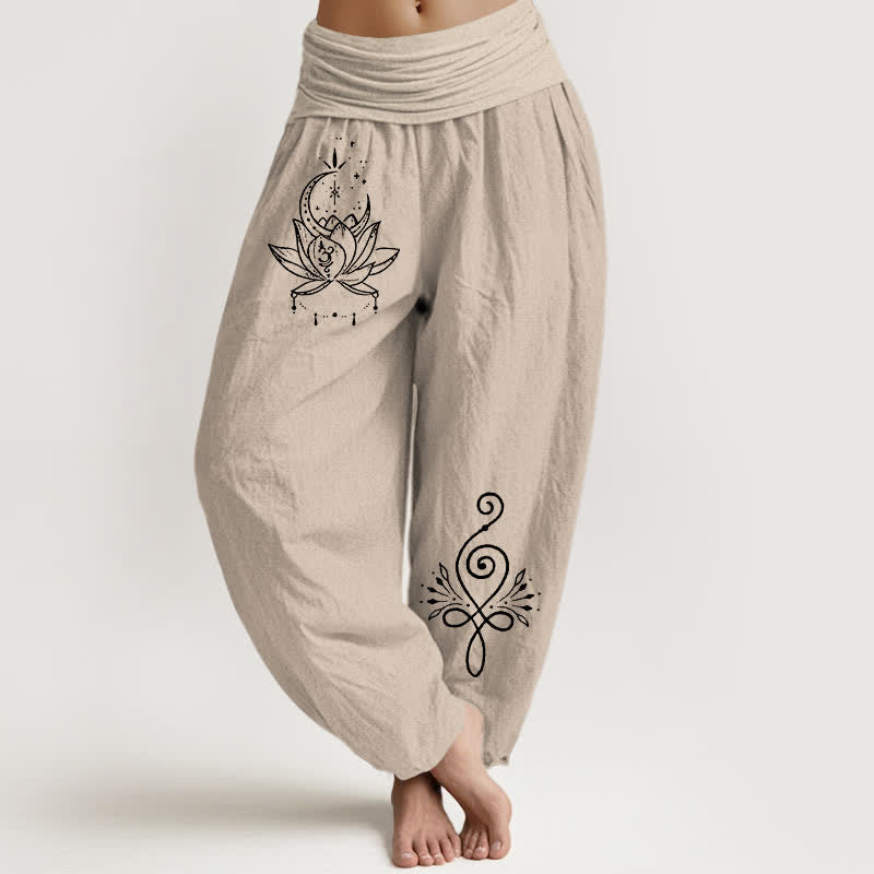 Buddha Stones Damen-Haremshose aus reiner Baumwolle mit Lotus- und Mondmuster und elastischem Bund - Bräunen - US16, UK/AU20, EU48 (3XL) - image 11