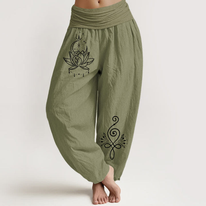 Buddha Stones Damen-Haremshose aus reiner Baumwolle mit Lotus- und Mondmuster und elastischem Bund - Olivgrün - US16, UK/AU20, EU48 (3XL) - image 14