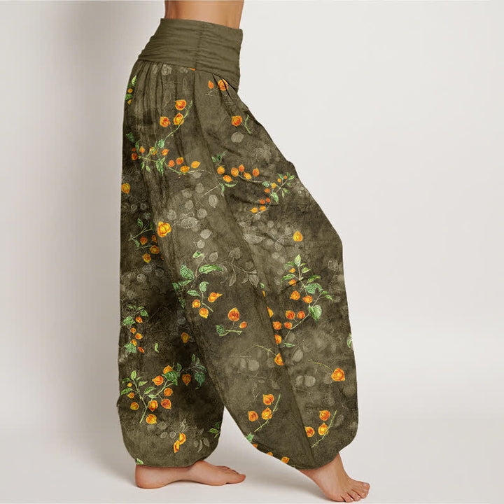 Buddha Stones Baumwoll-Haremshose mit Orangenblüten-Rankenmuster und elastischem Bund für Damen - image 6