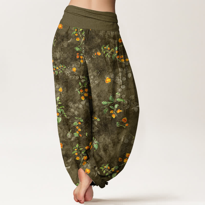 Buddha Stones Baumwoll-Haremshose mit Orangenblüten-Rankenmuster und elastischem Bund für Damen - image 7
