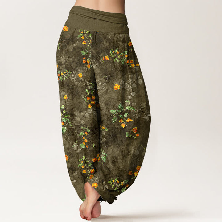 Buddha Stones Baumwoll-Haremshose mit Orangenblüten-Rankenmuster und elastischem Bund für Damen - image 7