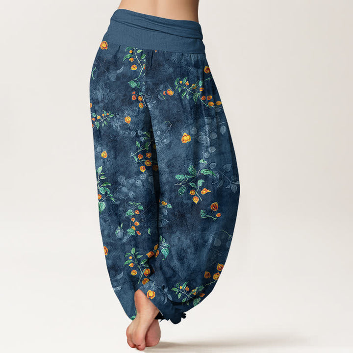 Buddha Stones Baumwoll-Haremshose mit Orangenblüten-Rankenmuster und elastischem Bund für Damen - image 10