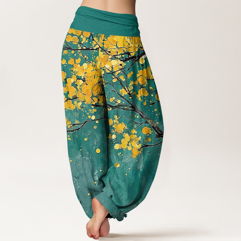 Buddha Stones Baumwoll-Haremshose mit gelbem Blütenzweigmuster und elastischem Bund für Damen - image 1