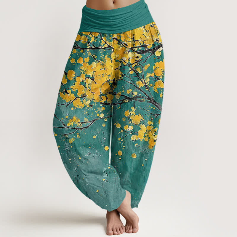Buddha Stones Baumwoll-Haremshose mit gelbem Blütenzweigmuster und elastischem Bund für Damen - Türkis - US16, UK/AU20, EU48 (3XL) - image 0