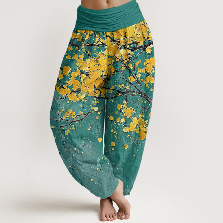 Buddha Stones Baumwoll-Haremshose mit gelbem Blütenzweigmuster und elastischem Bund für Damen - Türkis - US16, UK/AU20, EU48 (3XL) - image 0