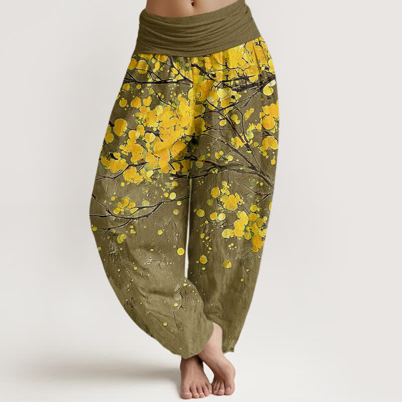 Buddha Stones Baumwoll-Haremshose mit gelbem Blütenzweigmuster und elastischem Bund für Damen - Olive - US16, UK/AU20, EU48 (3XL) - image 8