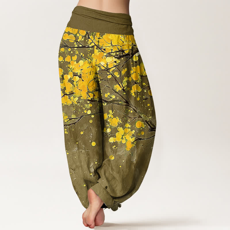 Buddha Stones Baumwoll-Haremshose mit gelbem Blütenzweigmuster und elastischem Bund für Damen - image 10