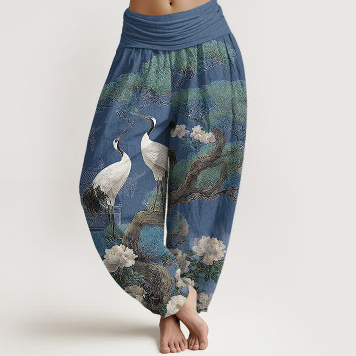 Buddha Stones Baumwoll-Haremshose mit Kranichblütenmuster und elastischem Bund für Damen - SteelBlue - US16, UK/AU20, EU48 (3XL) - image 0