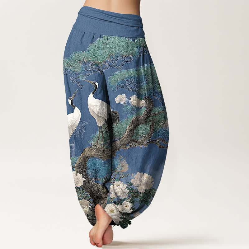 Buddha Stones Baumwoll-Haremshose mit Kranichblütenmuster und elastischem Bund für Damen - image 2