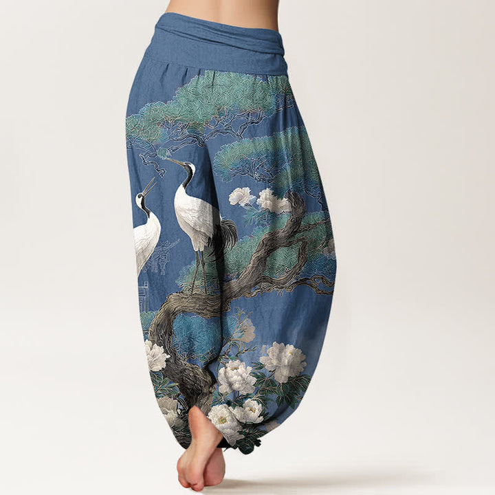 Buddha Stones Baumwoll-Haremshose mit Kranichblütenmuster und elastischem Bund für Damen - image 2