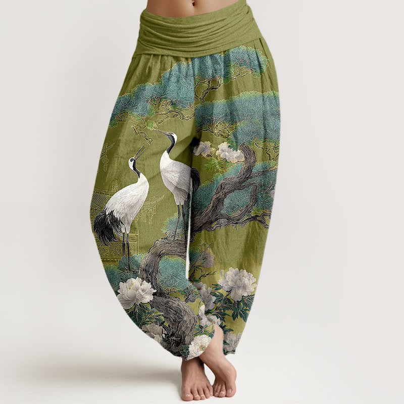 Buddha Stones Baumwoll-Haremshose mit Kranichblütenmuster und elastischem Bund für Damen - Olivgrün - US16, UK/AU20, EU48 (3XL) - image 5