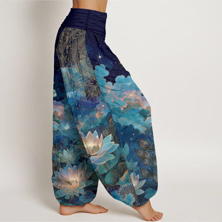 Buddha Stones Baumwoll-Haremshose mit Lotus-Nachthimmel-Muster und elastischem Bund für Damen - image 1