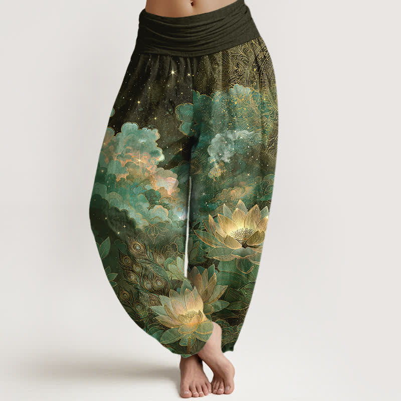 Buddha Stones Baumwoll-Haremshose mit Lotus-Nachthimmel-Muster und elastischem Bund für Damen - Dunkelolivgrün - US16, UK/AU20, EU48 (3XL) - image 5