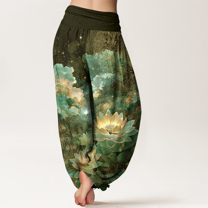 Buddha Stones Baumwoll-Haremshose mit Lotus-Nachthimmel-Muster und elastischem Bund für Damen - image 7