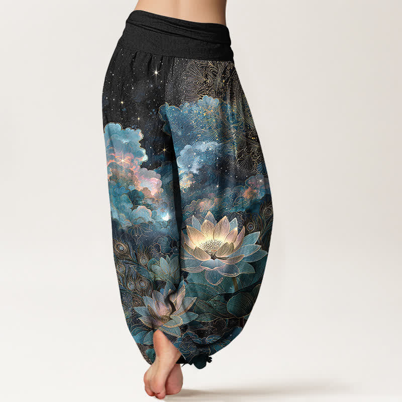 Buddha Stones Baumwoll-Haremshose mit Lotus-Nachthimmel-Muster und elastischem Bund für Damen - image 10