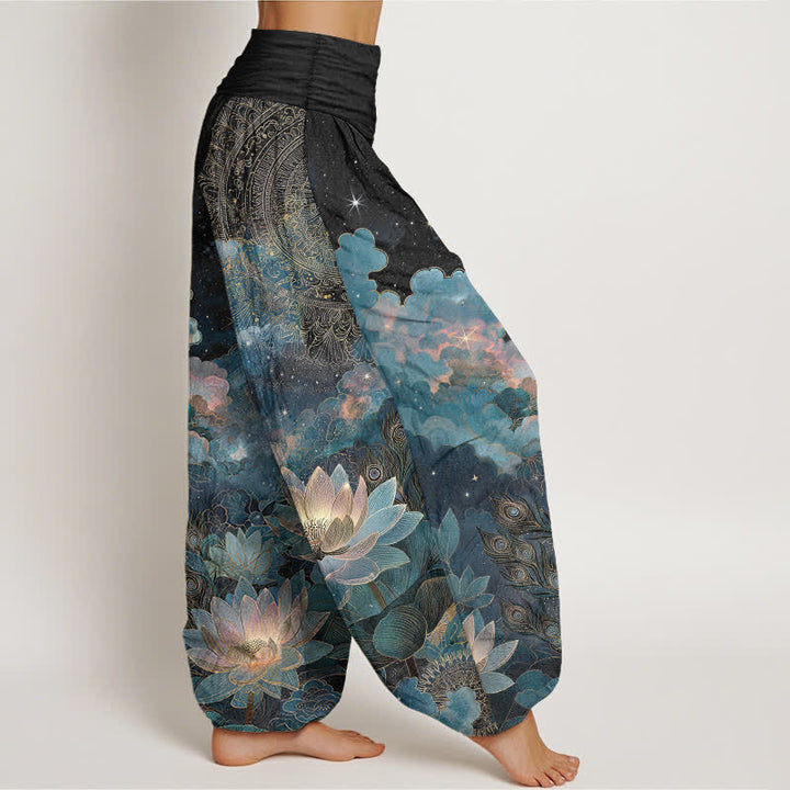 Buddha Stones Baumwoll-Haremshose mit Lotus-Nachthimmel-Muster und elastischem Bund für Damen - image 9