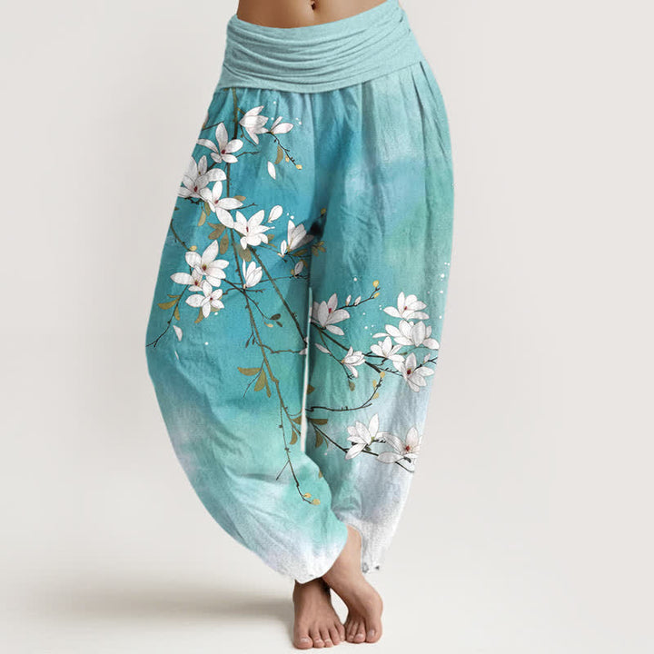 Buddha Stones Weiße Haremshose aus reiner Baumwolle mit Magnolienzweigmuster und elastischem Bund. - Türkis - US16, UK/AU20, EU48 (3XL) - image 0