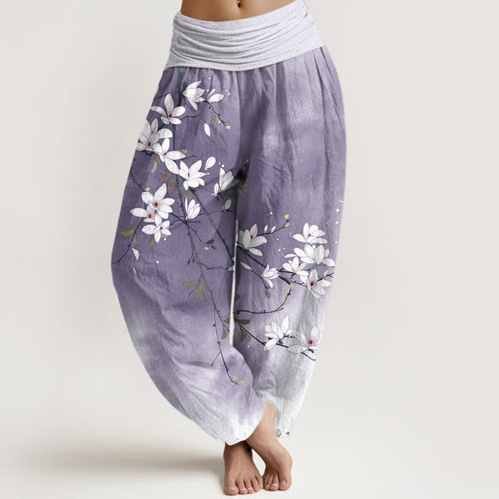 Buddha Stones Weiße Haremshose aus reiner Baumwolle mit Magnolienzweigmuster und elastischem Bund. - Lavendel - US16, UK/AU20, EU48 (3XL) - image 5