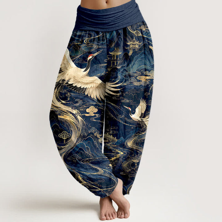 Buddha Stones Baumwoll-Haremshose mit fliegendem Kranich-Wellenmuster und elastischem Bund für Damen - Marine - US16, UK/AU20, EU48 (3XL) - image 0