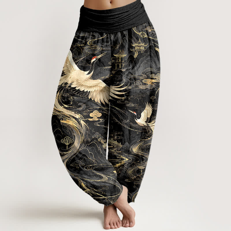 Buddha Stones Baumwoll-Haremshose mit fliegendem Kranich-Wellenmuster und elastischem Bund für Damen - Schwarz - US16, UK/AU20, EU48 (3XL) - image 5