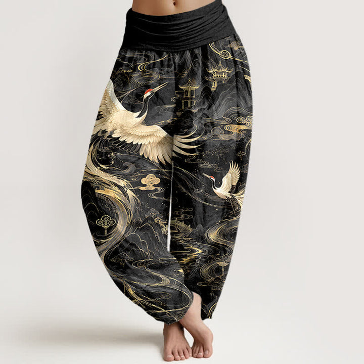 Buddha Stones Baumwoll-Haremshose mit fliegendem Kranich-Wellenmuster und elastischem Bund für Damen - Schwarz - US16, UK/AU20, EU48 (3XL) - image 5